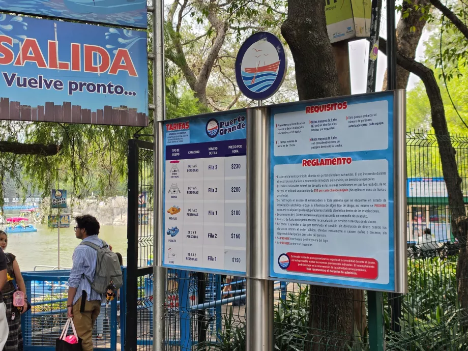 Bosque de Chapultepec, tekneler için fiyat listesi