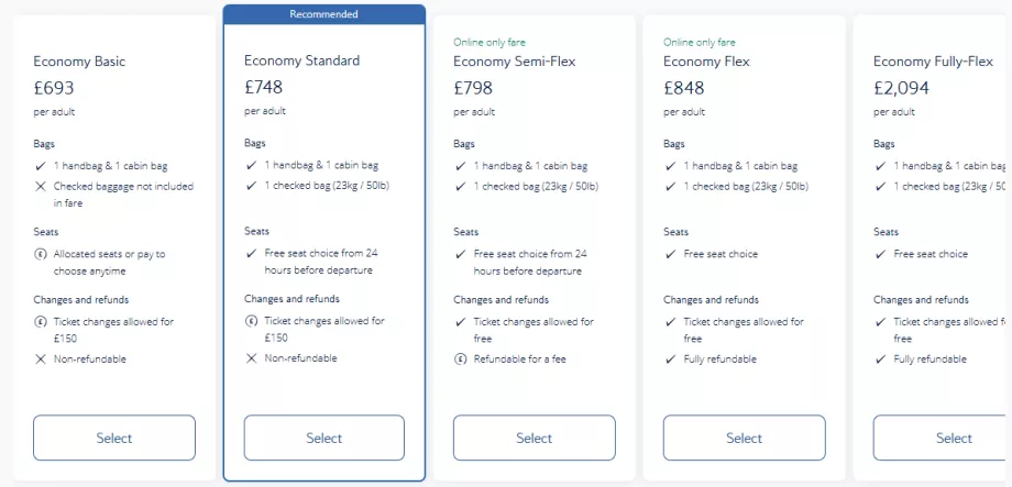 British Airways Ekonomi Sınıfları