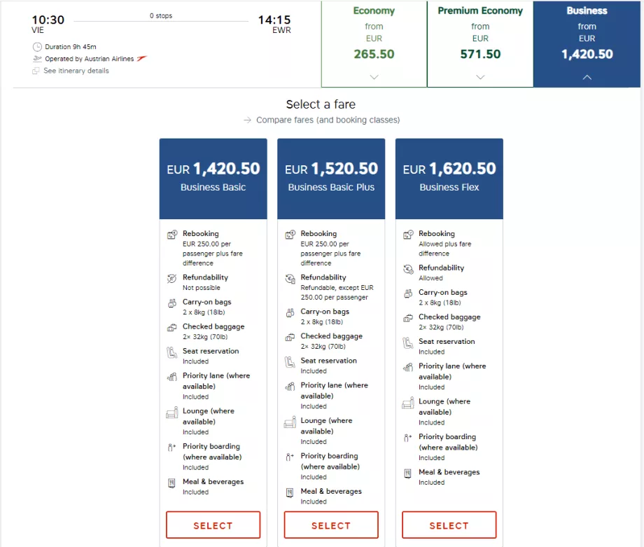 Business sınıfı ücretleri
