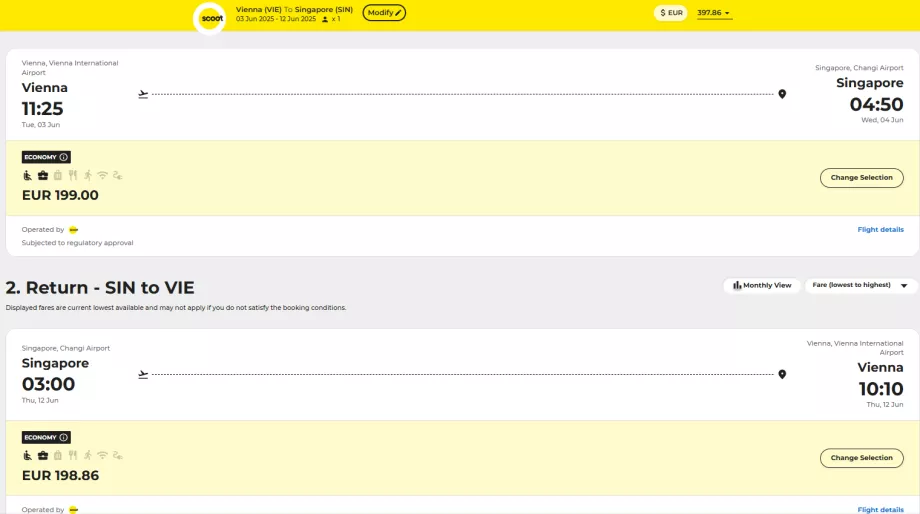 Viyana - Singapur uçuş örneği