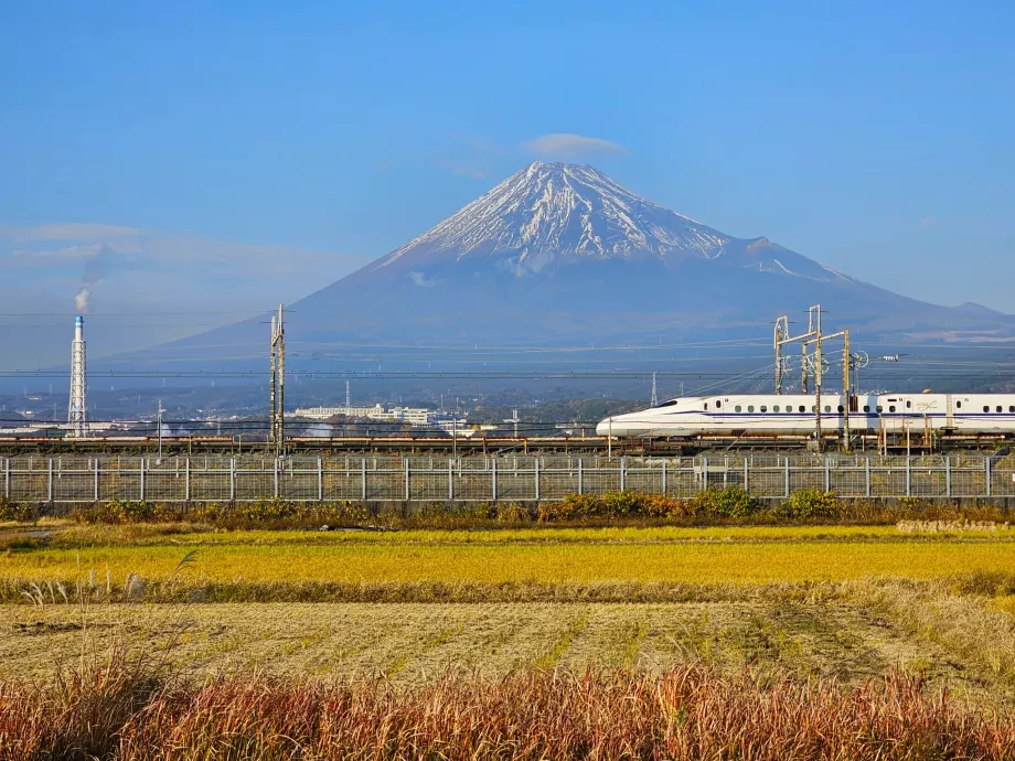 Arka planda Fuji Dağı ile Shinkansen