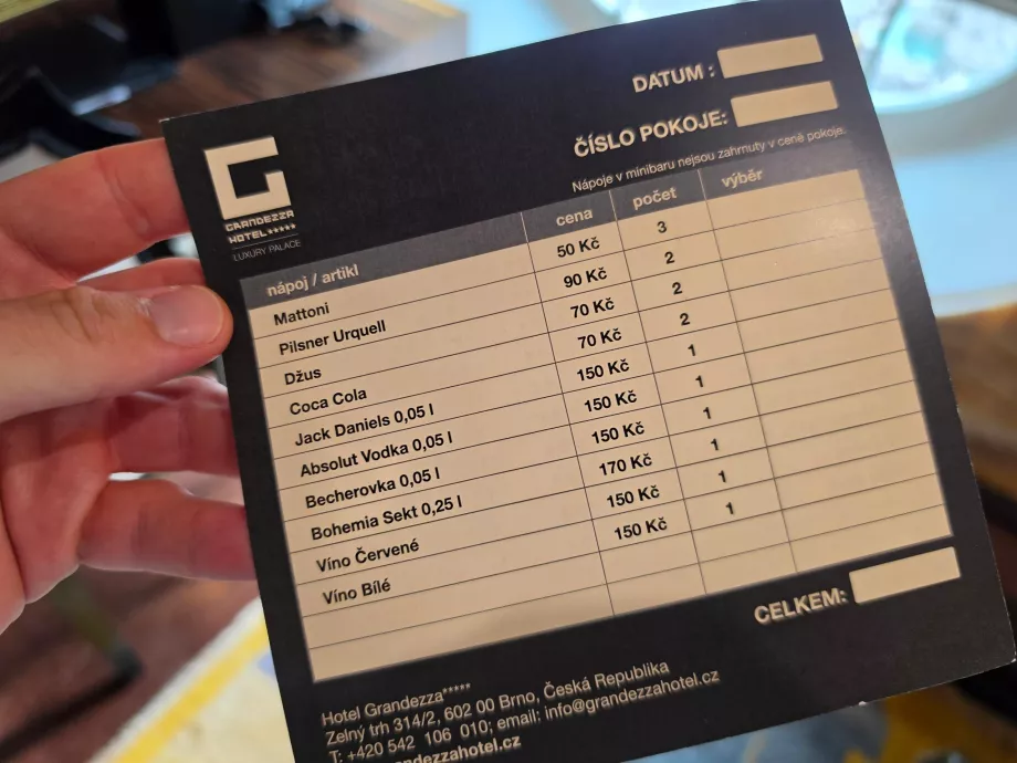 Minibar fiyat listesi (tüm oda tipleri için aynıdır)