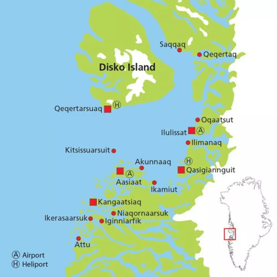 Disko Körfezi'ndeki şehirlerin haritası