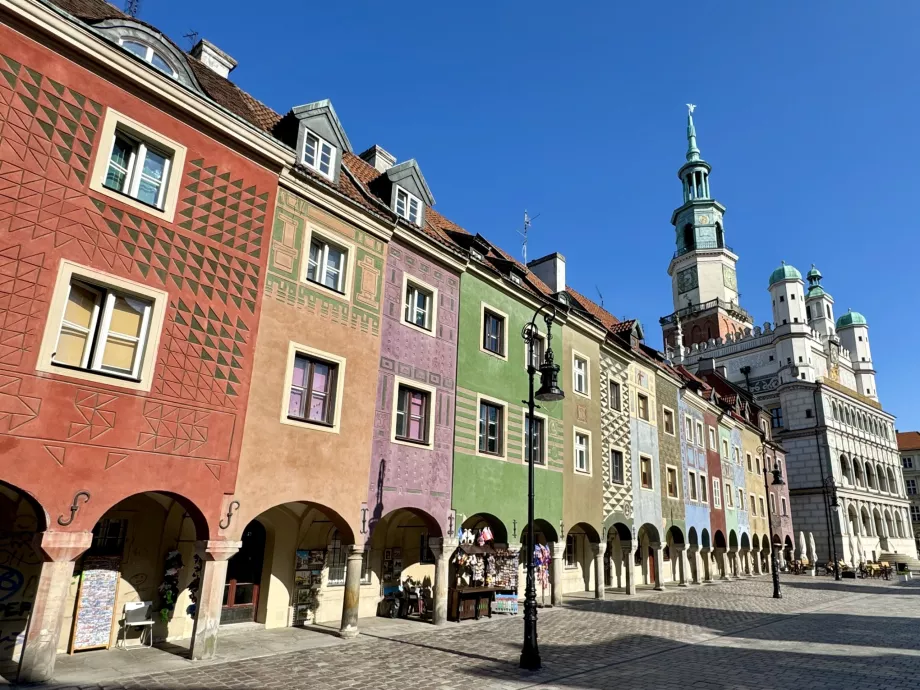 Poznan'da Stary Rynek üzerinde renkli evler ve Belediye Binası