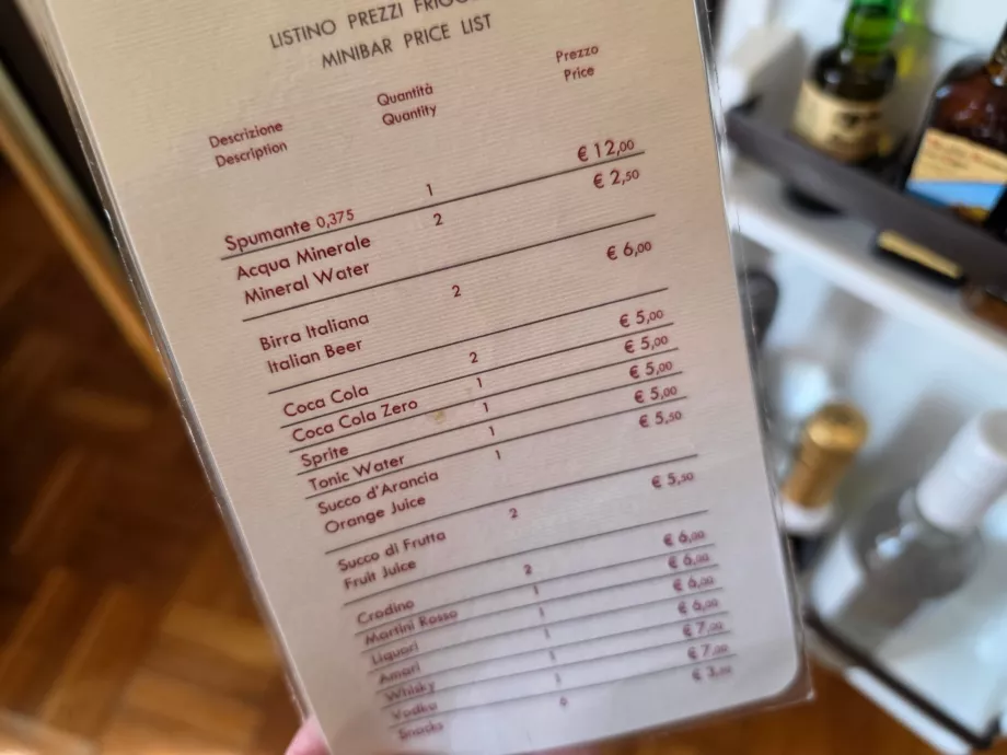 Minibar fiyat listesi