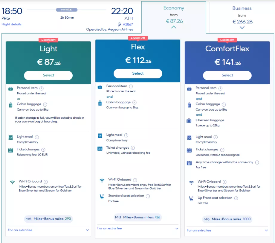 Aegean Airlines ücret sınıfları