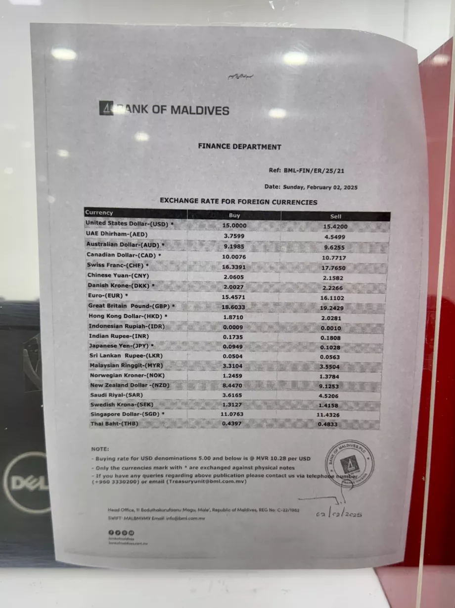Döviz kuru bileti Maldivler Bankası Malé MLE